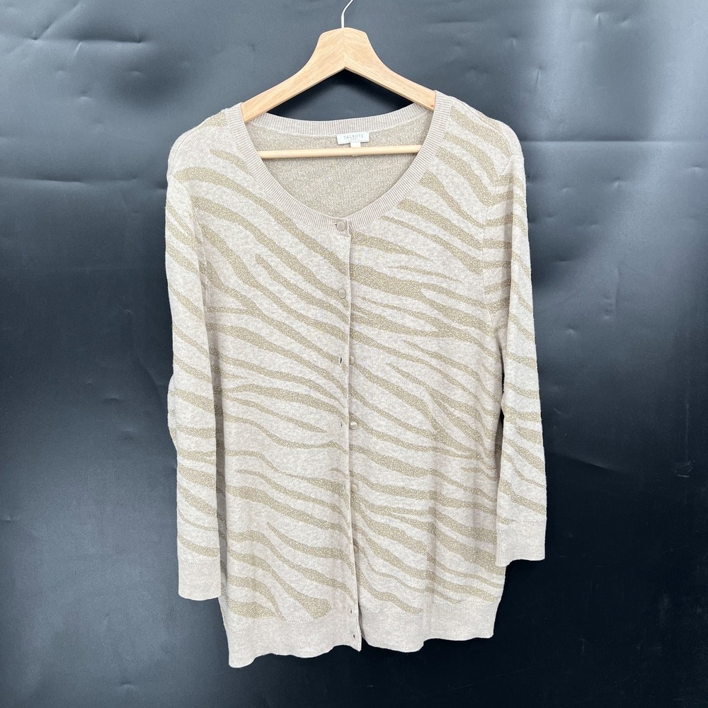 Talbots lightweight cardigan sweater metallic gold zebra animal stripe preppy XL